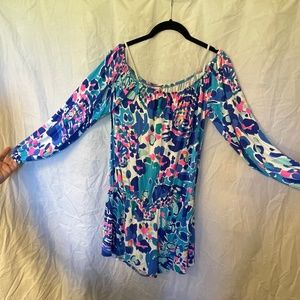 Lilly Pulitzer Lana Romper in Blue and Pink Multi Hit the Spot Print - Size M